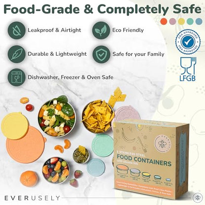 Stainless Steel Food Containers, Metal Lunch Boxes, Set of 5, Bright | Everusely lunch containers feature colorful lids and offer durable utility for snacks, meal prep, and food storage. - color: Bright