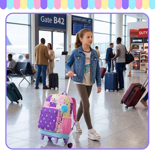 Rolling Backpack for Girls,Backpack with Wheels for Kids 8–12,Lightweight Wheeled School Backpack with Lunch Box,Cute Bookbag for Elementary and Middle School - color: Pink Dot
