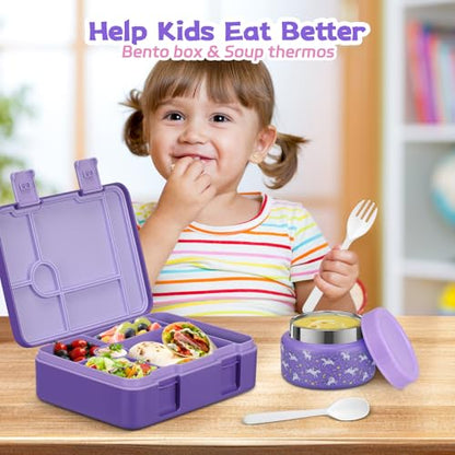 Bento Lunch Box Kids and 9oz Soup Thermos – 5.5-Cup Leakproof Kids Bento Box with Ice Pack & 9oz Insulated Food Jar – Hot & Cold Food Lunch Container for Boy Girl School, Purple Set - color: Purple Set