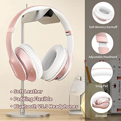 Wireless Bluetooth Headphones Over Ear 65H Playtime HiFi Stereo Headset with Microphone and 6EQ Modes Foldable Bluetooth V6.0 Headphones for Travel Smartphone Computer Laptop Rose Gold - color: Rose Gold