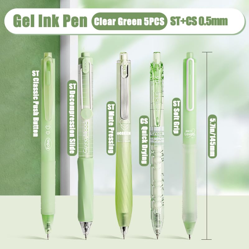 5 Count Pastel Gel Ink Pen Set,Cute Note Taking 0.5mm Fine Point Retractable 5 Count Black Ink Pens for Writing, Journaling, School, Office (Light Green Clear) - color: Light Green Clear