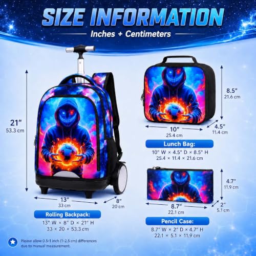 KLFVB Big Quiet-Glide Wheels Boys Backpack, 3-in-1 Rolling Bookbag Set with Lunch Bag | Water-Resistant Roller Bag for Kids, School, Travel, Play - Devil Soccer - color: Rolling Backpack with Big Wheels - Devil Soccer