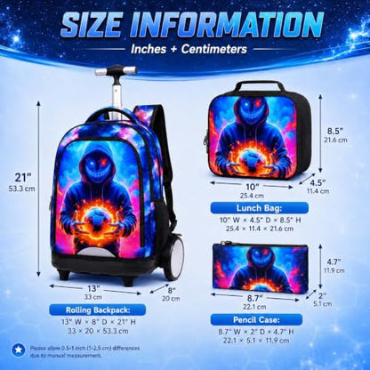 KLFVB Big Quiet-Glide Wheels Boys Backpack, 3-in-1 Rolling Bookbag Set with Lunch Bag | Water-Resistant Roller Bag for Kids, School, Travel, Play - Devil Soccer - color: Rolling Backpack with Big Wheels - Devil Soccer
