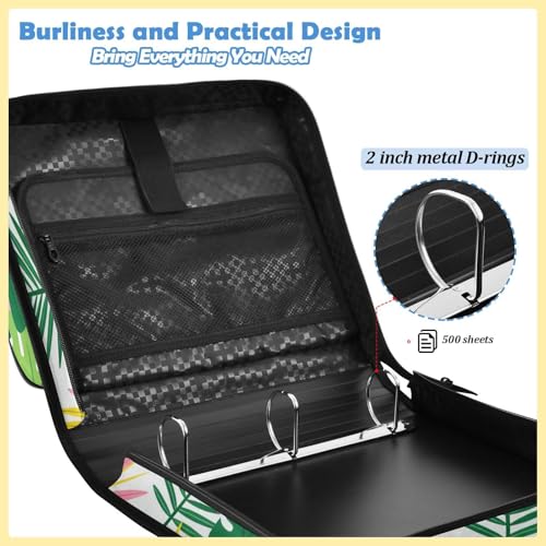 Tropical Palm Leaves Zipper Binder with 2 Inch D-Rings Expandable File Portfolio with Shoulder Strap, Waterproof Nylon Organizer for 14" Laptop for Work College Travel