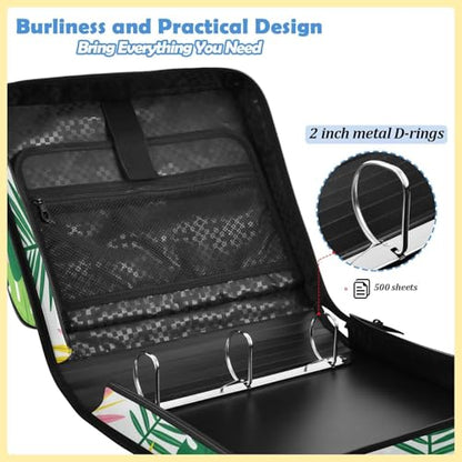 Tropical Palm Leaves Zipper Binder with 2 Inch D-Rings Expandable File Portfolio with Shoulder Strap, Waterproof Nylon Organizer for 14" Laptop for Work College Travel