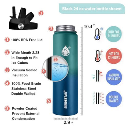 SENDESTAR Insulated Water Bottle 24 OZ, Wide Mouth 24 oz Water Bottle with Straw Lid, Spout Lid, Double Wall Vacuum Stainless Steel Leak Proof, Keeps Liquids Hot or Cold (Green & Blue) - color: Green & Blue, size: 24 Ounces