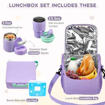 Pawtong Lunch Box Set with Bento Box Container, 17OZ Stainless Steel Food Soup Thermo, Kids Water Bottle & Portable Insulated Lunch Bag – Leakproof, Hot/Cold Retention for School, Travel (Purple) - color: Purple