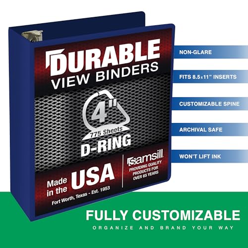 Samsill Durable 4 Inch Binder, Locking D Ring Binder, Customizable Clear View Cover, Dark Blue, Holds 775 Pages - color: Dark Blue, size: 4 Inch