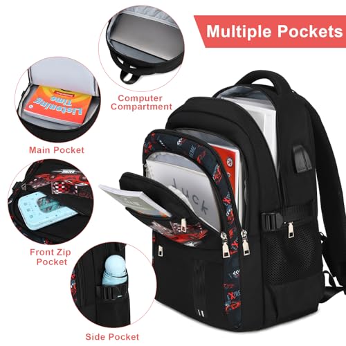 ACESAK Luminous Boys Backpack - Racing Car Bento Box with Insulated Lunch Bag Pencil Case & Utensils Set for Kids, 6 Leakproof Compartments Removable Tray Lunches or Snack Container (Racing Car) - color: Red Car
