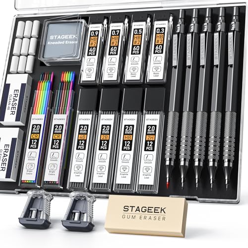 STAGEEK 21PCS Metal Mechanical Pencil Set, Art Lead Pencil 0.3, 0.5, 0.7, 0.9, 2mm Holder(HB 2H 2B 4B Color) with 10 Tubes Graphite Lead Refills Eraser with Case for Drafting Drawing Sketching - color: Black, style: 0.3+0.5+0.7+0.9+2.0MM