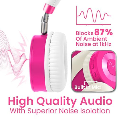 Puro Sound Labs Bluetooth Headphones for Kids - Volume-Limited, Adjustable On-Ear Design, 22-Hour Battery Life - Wireless Headphones for Tablets, Smartphones & PCs – JuniorJam Plus, Blue & Pink