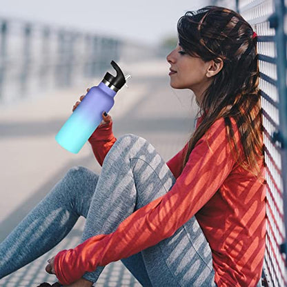 Volhoply 17oz Kids Insulated Water Bottle,Stainless Steel Water Bottles with Straw Lid,Double Wall Vacuum Metal Cups Water Bottle,Reusable Sports School Water Flask Keep Cold(Purple Blue,1 Set) - color: Purple Blue