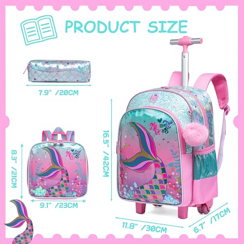 Mermaid Rolling Backpack for Girls with Lunch Box Kids Backpack with Wheels for School Cute Kids Rolling Backpacks for Girls Kindergarten - color: Pink Blue Mermaid
