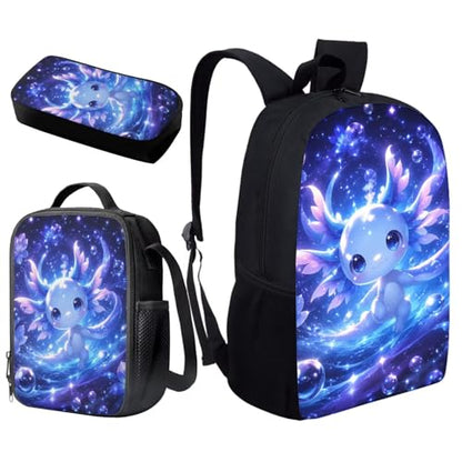Blue Axolotl School Backpack Set of 3 with Lunch Box Pencil Case Large Capacity Bookbag with Compartments Portable Lunch Bag Gift for Girls Boys - color: Blue Axolotl-b