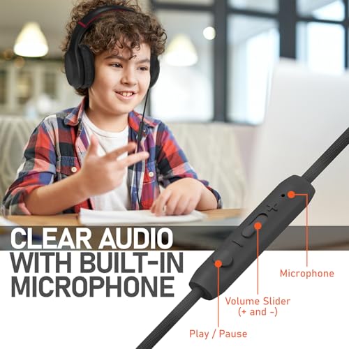 FosPower Kids Headphones with 3.5mm Laced Cables, Children & Teens Over The Ear Foldable Adjustable Headset w/Built-in Mic for Smartphones/PC/Tablet/Laptop/School (Max Volume 85dB) - Black/Red - color: 09 - Black/Red