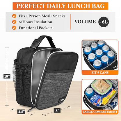 opux Insulated Lunch Bag for Kids Boys Girls, Small Compact Lunch Box with Wide Opening & Mesh Pockets, Reusable Lunch Pail for School, Work, Adults, Men, Women, Charcoal Grey - color: Heather Charcoal
