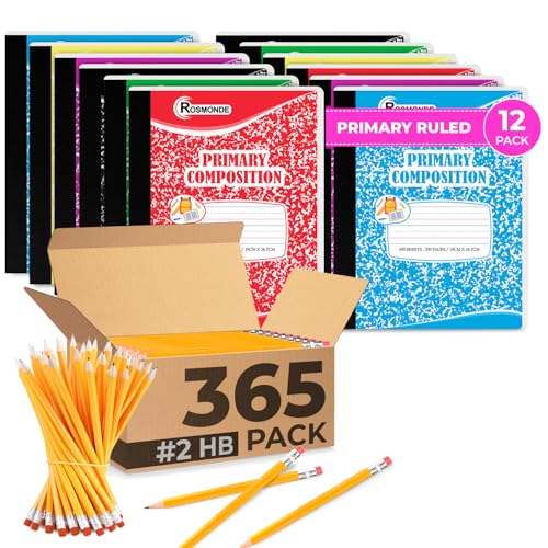 Rosmonde 365 Pack Pre Sharpened Pencils #2 & 12 Pack Primary Ruled Composition Notebook, Pencils With Top Erasers, Bulk School & Teacher Supplies, Grades K-2 Writing Workbook, Dotted Lined