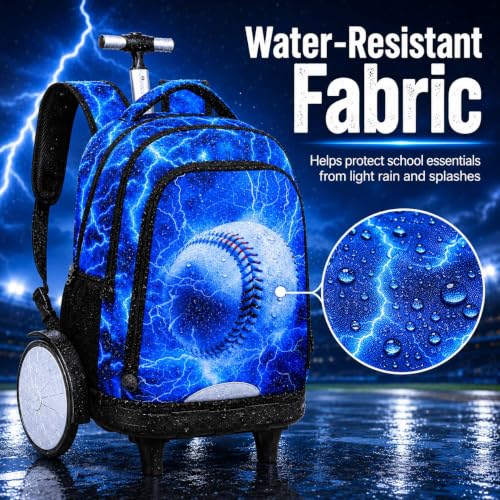 KLFVB Big Quiet-Glide Wheels Wheeled Backpack, 3-in-1 Rolling Bookbag Set with Lunch Bag | Water-Resistant Roller Bag for Boys, School, Travel, Play - Lightning Baseball - color: Big Wheels Rolling Backpack - Lightning Baseball