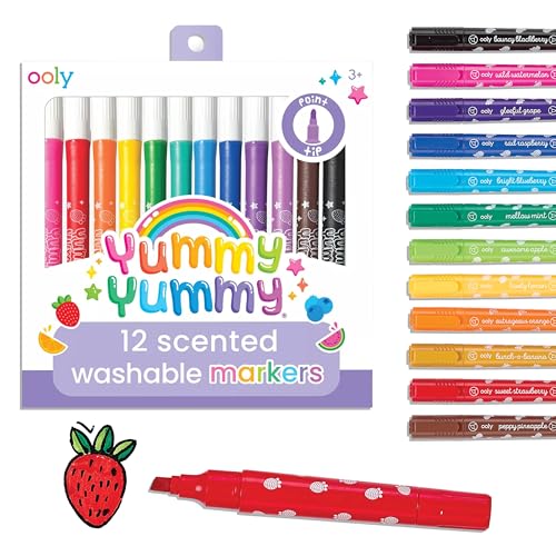 OOLY Yummy Yummy Fruit Scented Markers for Kids, Set of 12 | Ages 3+, Washable, 12 Fruit Colors and Scents, Point Tip Scented Markers for School and Arts and Crafts - color: Yummy Yummy Fruit Scented Markers