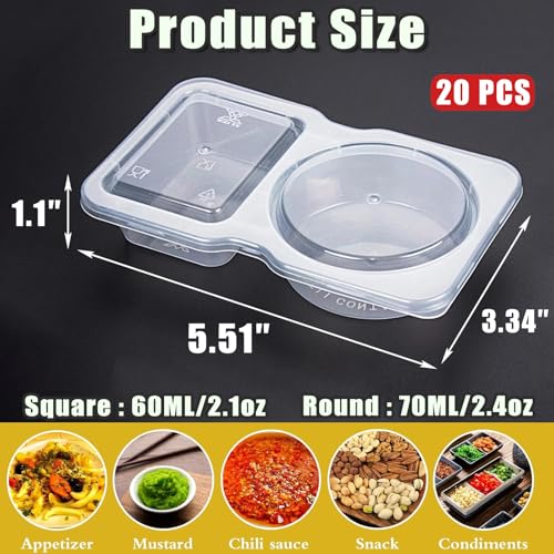 20 Pack Double Compartment Condiment Containers with Lids Reusable Leakproof Plastic Snack Containers for Sauce Dip Dressing Travel and Sampling Clear To-Go Dual Compartment Food Storage (Clear-20Pcs)
