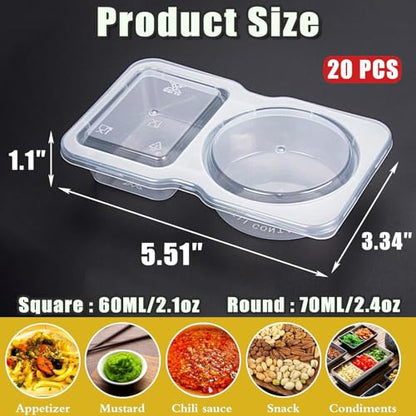20 Pack Double Compartment Condiment Containers with Lids Reusable Leakproof Plastic Snack Containers for Sauce Dip Dressing Travel and Sampling Clear To-Go Dual Compartment Food Storage (Clear-20Pcs)