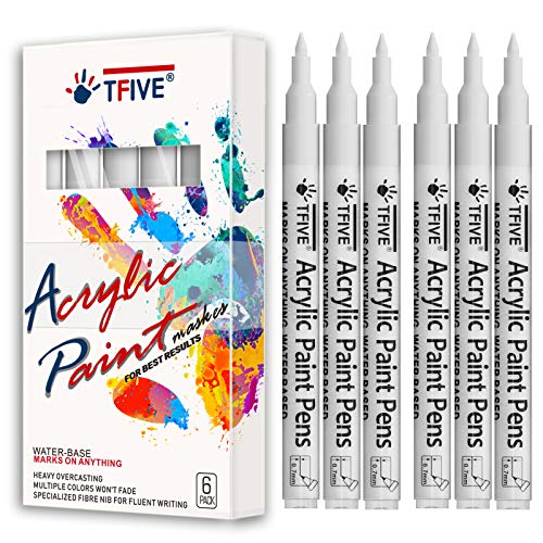 TFIVE White Marker Paint Pens - 6 Pack Acrylic Permanent Marker, 0.7mm Extra Fine Tip Waterproof White Paint Markers for Art Project, Rock, Ceramic, Glass, Wood, Plastic, Metal, Canvas, DIY Craft - color: White