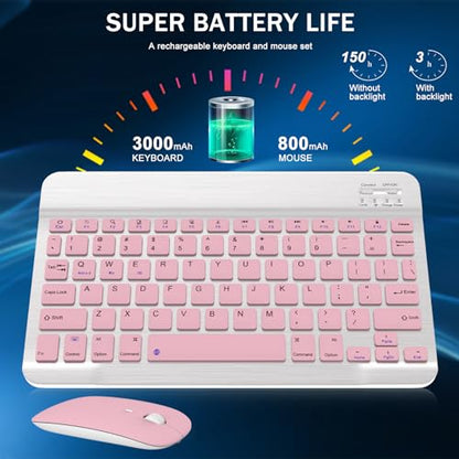 Rechargeable Bluetooth Keyboard and Mouse Combo, Universal Ultra-Slim Wireless Keyboard Mouse Set for Android Windows iPad iPhone Samsung Tablet Portable Compact Keyboard Set (Pink) - color: Pink