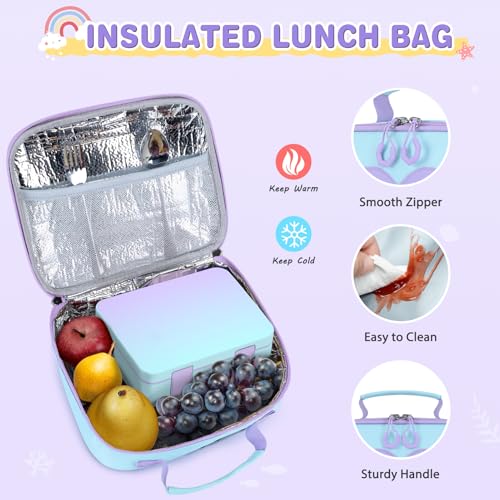 ACESAK Girls Backpack - Bento Box with Insulated Lunch Bag Pencil Case & Utensils Set for Kids, 6 Leakproof Compartments Removable Tray Lunches or Snack Container for School (Blue Purple) - color: Blue Purple