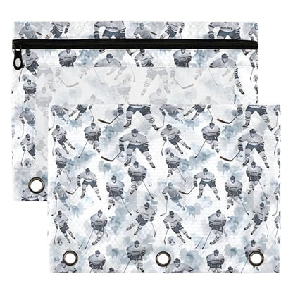 Hockey Player Binder Pouches 3 Ring for Boys Girls School Office College Supplies Slapshot Sports Ice Ball Pencil Pouches Case Bag with Clear Window and Zipper 2 Pack - color: Hockey