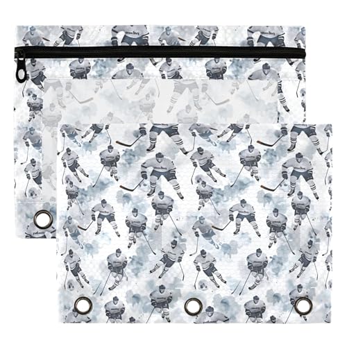 Hockey Player Binder Pouches 3 Ring for Boys Girls School Office College Supplies Slapshot Sports Ice Ball Pencil Pouches Case Bag with Clear Window and Zipper 2 Pack - color: Hockey