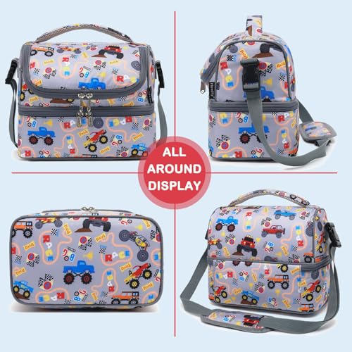 FlowFly Double Decker Cooler Insulated Lunch Bag Large Tote for Boys, Girls, Men, Women, With Adjustable Strap (Truck) - color: Truck