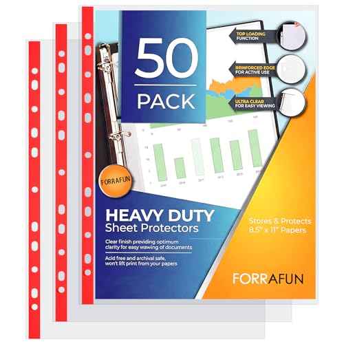 50 Pack Sheet Protectors Heavy Duty Clear Sheet Protector for 3 Ring Binder, 8.5 x 11'' Plastic Sleeves Report Cover Red Border Acid Free Archival Safe Document Protector for Office Supplie