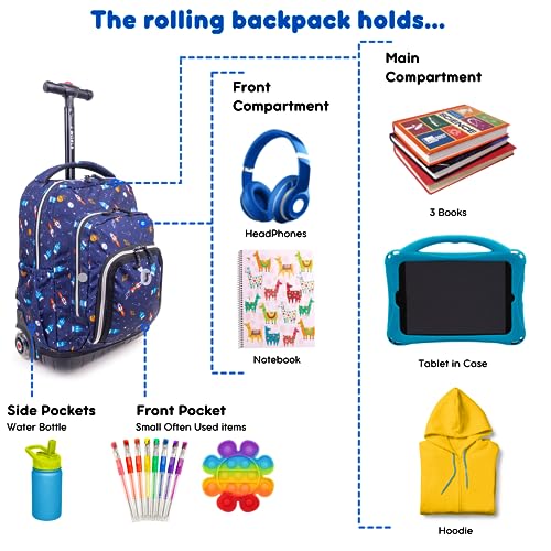 J World Lollipop Kids Rolling Backpack & Lunch Bag Set for Elementary School. Carry-On Suitcase with Wheels, Spaceship - color: Multicolor