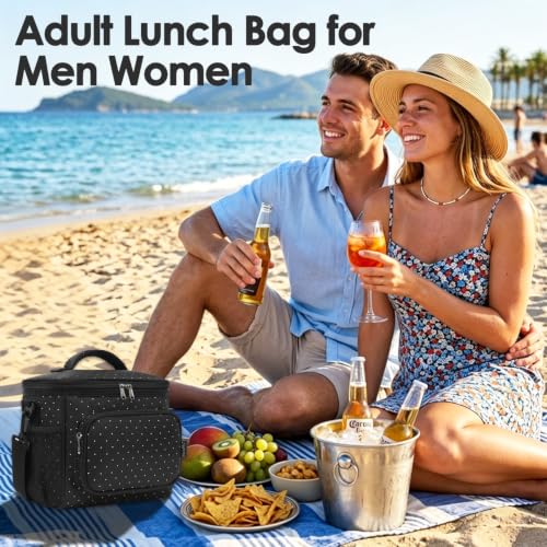 FlowFly Insulated Reusable Lunch Bag Adult Large Lunch Box for Women and Men with Adjustable Shoulder Strap,Front Zipper Pocket and Dual Large Mesh Side Pockets,Dot - color: Dot