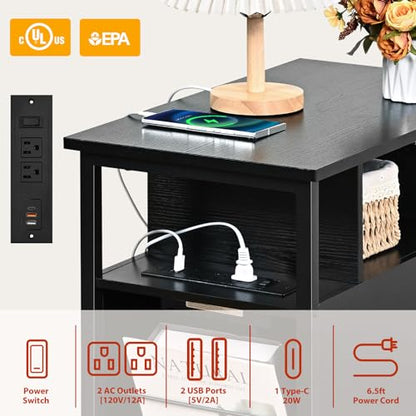 Livofloral Black Side Tables, End Table with Charging Station, Narrow End Table with 2 Wooden Drawers, USB Ports and Power Outlets, Slim Nightstand and Bedside Table, End Tables Living Room, Bedroom - color: Black