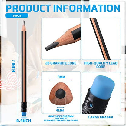 Seajan 96 Pcs 2b Jumbo Pencils, Big, Fat, Thick, Triangular Grip 7 Inch Large Pencils Refill with Eraser for Beginners Office Christmas Gifts(Black) - color: Black, style: 2B