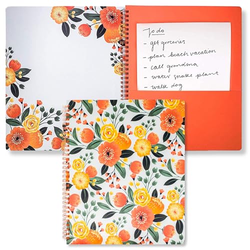 Steel Mill & Co. Cute Floral Large Spiral Notebook, Orange Flower | 11" x 9.5" Journal with Durable Hardcover, 160 College Ruled, Perforated Pages, Rounded Corners, and Pocket Page - color: Orange Floral