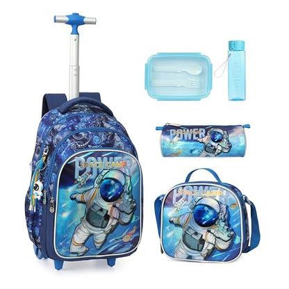 Cartoon Rolling Backpack for Boys Girls, Kids 5 Pcs Wheeled Backpack, Travel Backpack for Elementary Students (Astronaut Blue) - color: Astronaut Blue