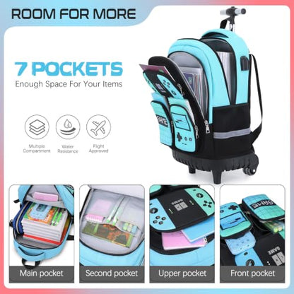 Jafeton Rolling Backpack for Boys, 3 PCS Gamer Boy Backpack Set with Lunch Box & Pencil Pouch, Roller Wheels School bag for Boys Kids Teens, Elementary Middle School, Kids Bookbag Casual Daypack - color: Green