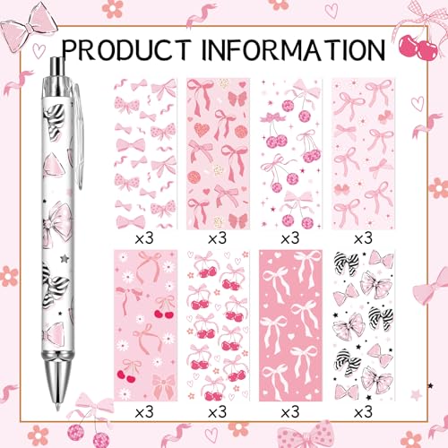Pink Ballpoint Pens Favors - Retractable 24 Pcs Black Gel Ink Ball Point Pen Fine Cute Coquette Bow Tie Writing Supplies Fancy Gifts for Lovers Girls Nurse Teacher Assistants Office Work - style: Bow