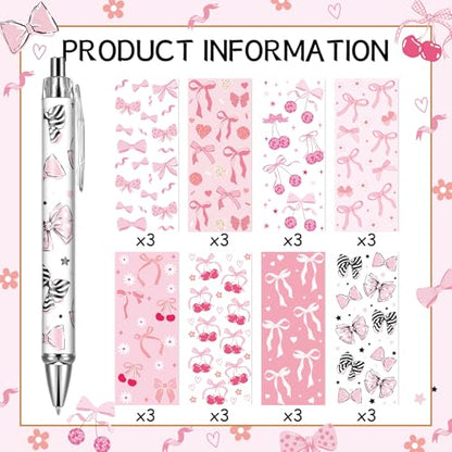Pink Ballpoint Pens Favors - Retractable 24 Pcs Black Gel Ink Ball Point Pen Fine Cute Coquette Bow Tie Writing Supplies Fancy Gifts for Lovers Girls Nurse Teacher Assistants Office Work - style: Bow