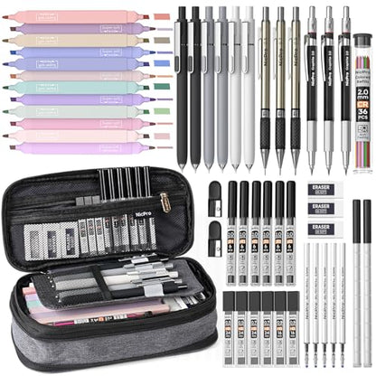 Nicpro School Supplies Stationary Set with Pencil Case, 50 PCS Black | Back to Schoo Supplies, Pen Case with 12 Highlighter, 5 Gel Pen, 6 Mechanical Pencil, Essentials for College, Nursing Student - color: Black, size: 50 PCS
