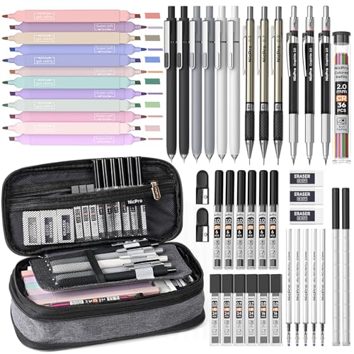 Nicpro School Supplies Stationary Set with Pencil Case, 50 PCS Black | Back to Schoo Supplies, Pen Case with 12 Highlighter, 5 Gel Pen, 6 Mechanical Pencil, Essentials for College, Nursing Student - color: Black, size: 50 PCS