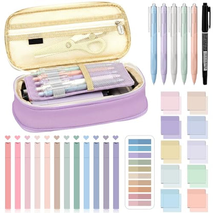 Jutom 39 Pcs Aesthetic Book Annotation Kit Highlighter with Case Bag Gel Pen Transparent Sticky Note Taking Bible Supplies(Purple,Cute Style) - color: Purple Beige, style: Cute Style