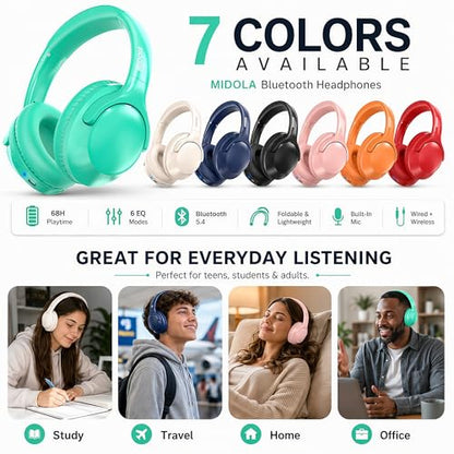 MIDOLA Bluetooth Headphones Over Ear, 68H Playtime Wireless Headphones with Microphone, 6 EQ Modes, HiFi Stereo Deep Bass, Foldable Lightweight Headset for Home Office, Cellphone, PC, Cyan - color: Cyan