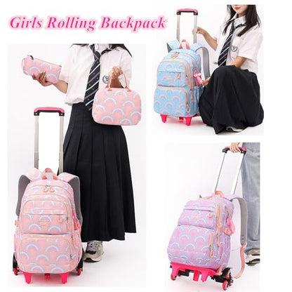 Mfikaryi Girls Rolling Backpack Elementary Student Outdoor Travel Trolley Bag Bookbag with Wheels - color: Deep Blue-6 Wheels