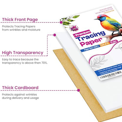 Tracing Paper 9x12 in, 75 Sheets, Transparent Sketch Paper 63gsm | Translucent, Sketching & Drafting, Overlays, Pencil Marker & Ink, Premium - size: 9" x 12" (75 Sheet)