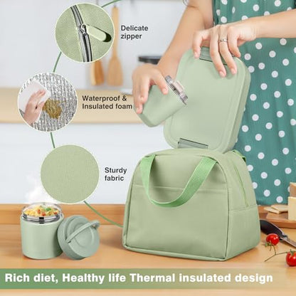 Bento Lunch Box Set with 10.5oz Soup Thermo Food Jar for Adults Kids, Stainless Steel Leak-proof Lunch Container, Coffee Tumbler with Lunch Bag for School Travel Office-Green - color: Green