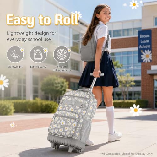 AGSDON Rolling Backpack for Girls, Women Roller Wheels Bookbag, Laptop Daisy Wheeled School Bag with Wheels for Teens - color: Daisy Grey