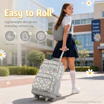AGSDON Rolling Backpack for Girls, Women Roller Wheels Bookbag, Laptop Daisy Wheeled School Bag with Wheels for Teens - color: Daisy Grey